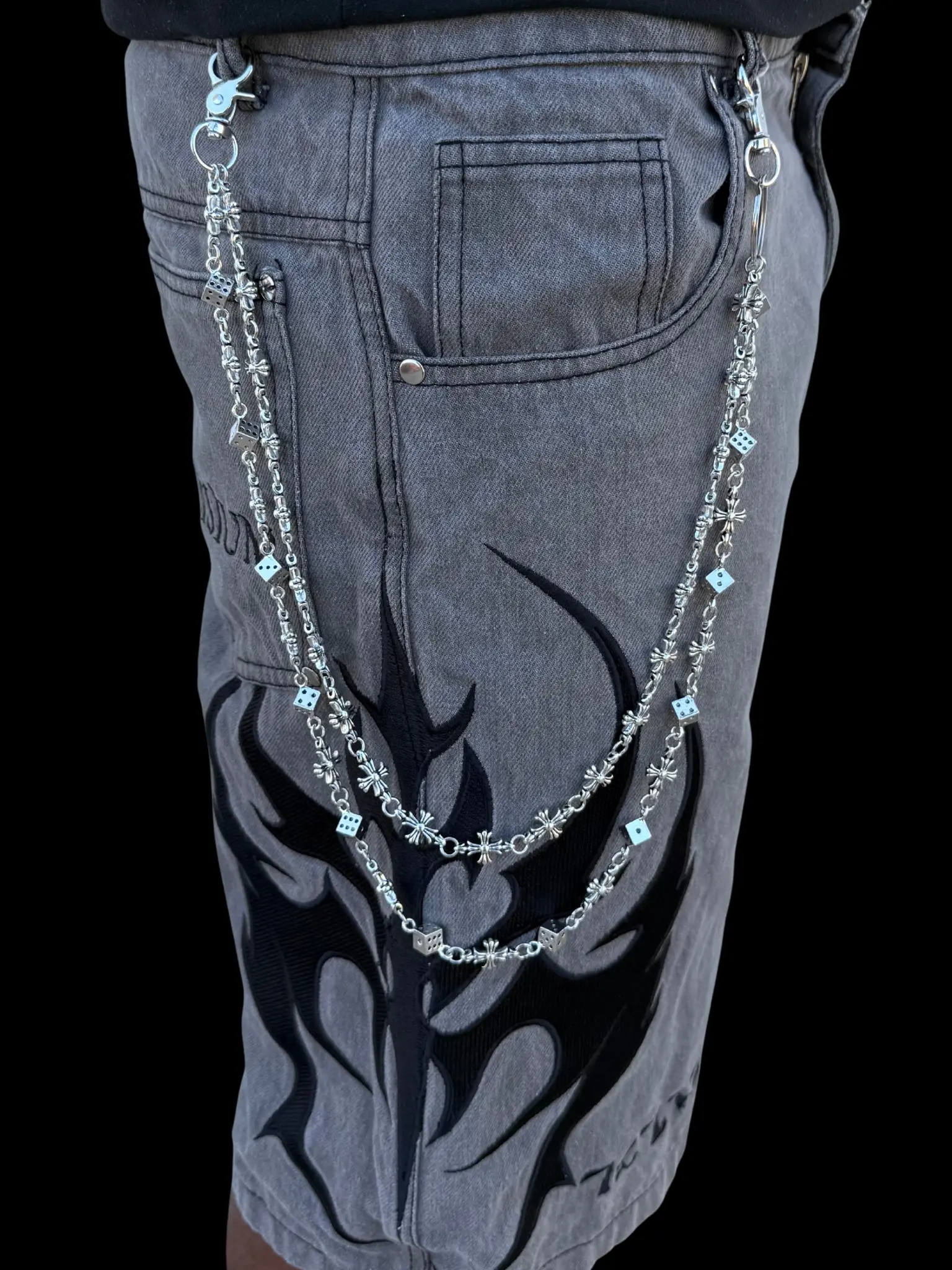 Elisium Opus 2 Cross Dice Wallet Pants Chain - Heavyweight Silver-Toned Alloy with Dual Charms & Engraved Dice for Fashionable Streetwear Style