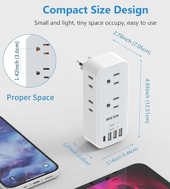 European Travel Plug Adapter, International Power Plug Adapter with 6 Outlet 4 USB(1 USB C), Type C Plug Adapter Travel Essentials to Most Europe EU Italy Spain France Germany Switzerland Portugal
