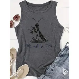 Plus Size, 1pc Women' Sleeveless Tank Top with Praying Mantis Print - Round Neck Stretchy Blouse Shirt, Casual Sleeveless Blouse for Daily Wear, Versatile Four Seasons Outfits Suitable for, Hand Washable Gift Choice