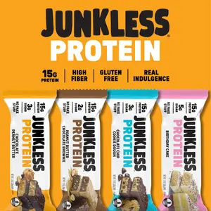 JUNKLESS Protein 4 Bar Sampler Pack - 15g Protein, High Fiber, Gluten Free, Low Sugar, Real Indulgence Snacks