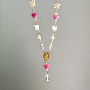 Pink Rosary Car Charm - Virgin Car Charm keychains