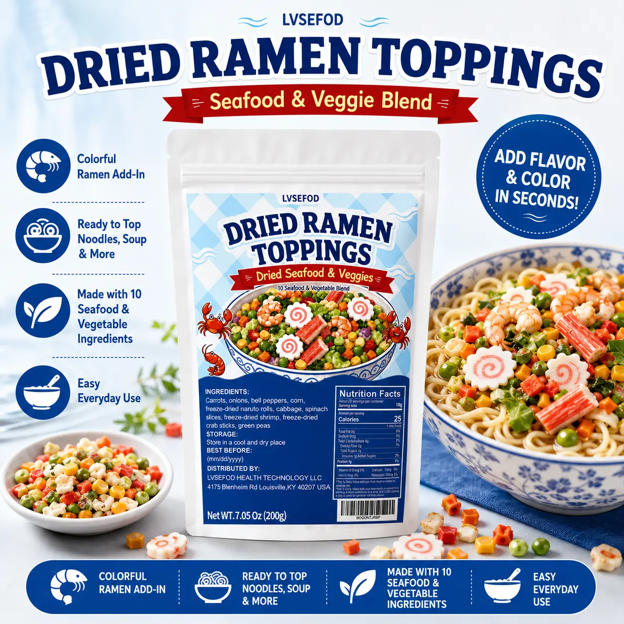 LVSEFOD Dried Ramen Topping Pantry Pack, 7.05oz/200g Seafood Mix with 10 Ingredients - Shrimp, Crab Sticks, Naruto Rolls, Vegetables - Ready to Top Noodles, Soup