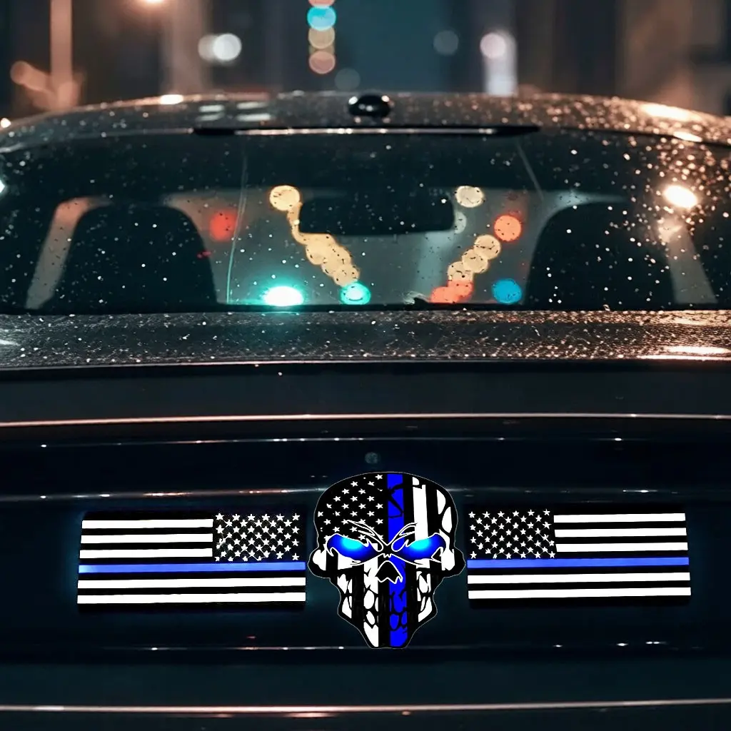 Reflective American Flag Sticker, 3pcs 6 Inch Thin Blue Line Skull Decal, Us Police Stickers, Law Enforcement Flag Decals, Reflective Design, Car Decals, Automotive Decals, Car Vehicle Decoration, Decals For Vehicles, Decal For Cars