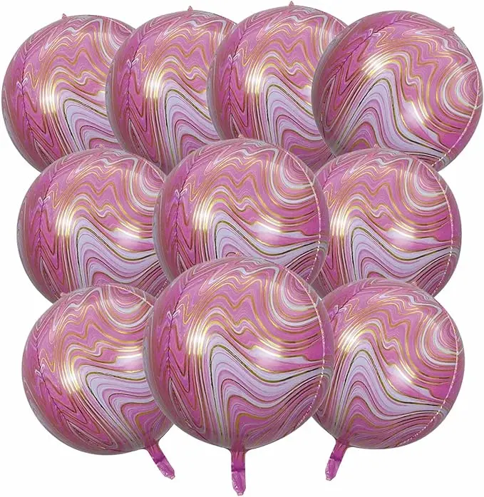 Pink Marble Balloons,22 Inch Pink and Gold Mylar Balloons,10 Pcs 4D Foil Balloons for Birthday Party Decorations, Baby Shower Decorations, Wedding Decorations, Hot Pink Party Decorations