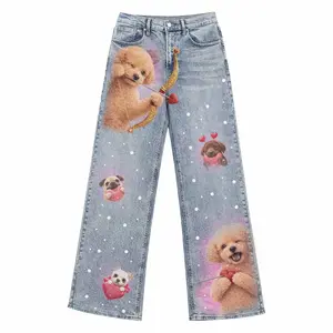 Cupid Puppy Denim Jeans Cute Dog Heart Print Y2K Kawaii Wide Leg Stretchy Baggy Jeans High Waist Light Wash Vintage Streetwear Soft Girl Aesthetic Trendy Jeans for Women Bottom Pants Womenswear Style