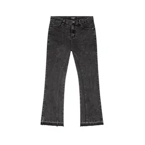 VICTORIOUS Ash Black Flared Denim Jeans Comfort Stretch Denim with Raw Edge Hem