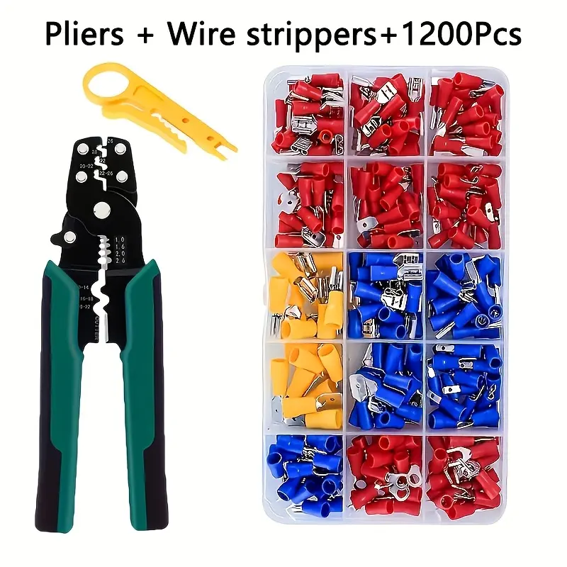 1202pcs , Wire Connector Kit + Pliers + Stripper - Industrial Isolated Electrical Terminals with Crimp, Ring, Fork, Spade And Butt Options, Electrical Connector Splicing Termination 2.8 4.8 6.M Wire Connector Cable