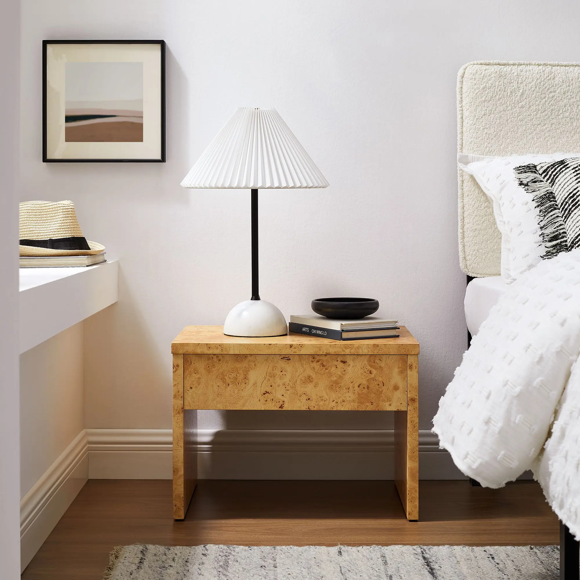 Hudson 1-Drawer Burl Wood Nightstand - Minimalist Contemporary Modern Bedside Table, 1-Piece Clean Look Full Glide Furniture for Small Spaces, Decorative Wooden Bedroom Accent, One Piece