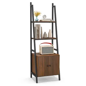 COSTWAY - 4-Tier Ladder Shelf with Cabinet and Metal Frame-Rustic Brown