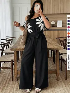 Women's Plus Size Casual Solid Color Print Short Sleeve off Shoulder Jumpsuit, Belted Pocket Design, Comfortable Fashion Fit