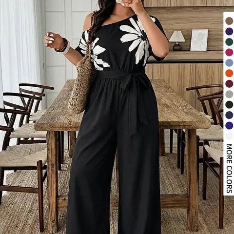 Plus Size Women's One Shoulder Printed Jumpsuit, Short-Sleeve Tie-Waist Baggy Wide Leg Pants, Casual Everyday Summer Outfit with Pockets
