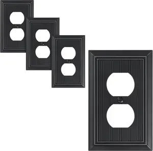 4-Pack Classic Beadboard Duplex Outlet Cover Plate, Natural Bamboo Fiber Wall Plates for Electrical Outlets, Decorative Matte Black Switch Plates and Outlet Covers, 1 Gang Receptacle Cover