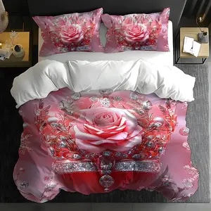 3-Piece Bedding Set (1 Fitted Sheet + 2 Pillowcases), Floral Print, Soft Comfortable, Zipper Closure, Bedroom Decor, Decorative Bedsheet Sets