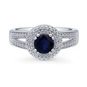 Halo Sapphire-Blue CZ Split Shank Ring in Sterling Silver