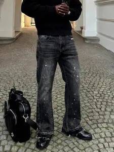 Men's High-End Casual Loose-Fitting Bootcut Stonewash Jeans, All Seasons Button Fly Zipper Flare Pants, Plain Water Washed Denim Bottoms