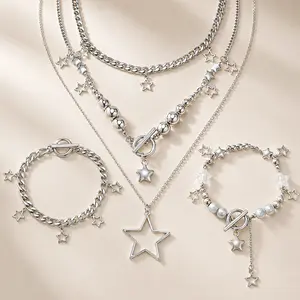 Star Y2k Silver Necklace Grunge Layered Necklace Cute Aesthetic Stack Toggle Chain Necklaces Gothic Vintage Emo Jewelry Set for Women