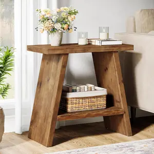 LITTLE TREE Solid Wood End Table for Living Room, Narrow Small Side Table with 2-Tier Storage, Farmhouse Bedside Nightstand for Bedroom, Small Places