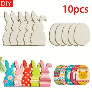 10pcs Wooden DIY Blank Unfinished Bunny Eggs Sign, Happy Easter Decorations Plaque Easter Crafts Hanging Decorations Rabbits Wall Decor Easter Gifts
