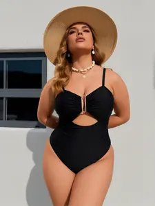 Black One Piece Swimsuit Gold Ring Detail Cut Out Ruched Front Monokini Plus Size Women Beach Vacation Swimwear