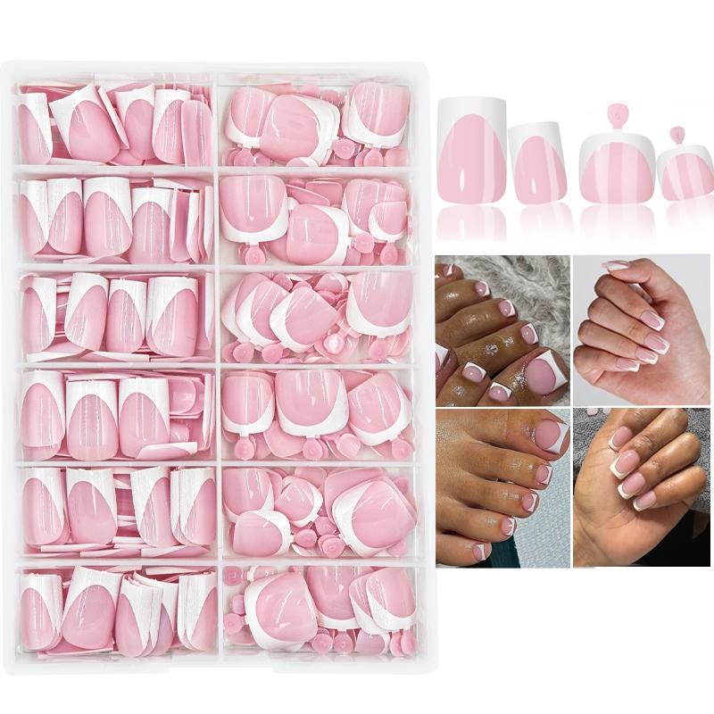 312Pcs Glossy Short Square White French Manicure Fake Nails Set For Hands & Feet,  Pink French Press On Nails,  Full Cover Detachable DIY Nail Art Decorations Suitable for Daily wear by women and French Tip Nails
