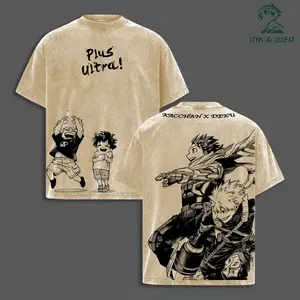 Deku & Bakugo Vintage Oversize Washed T-Shirt, My Hero Academia Heavy Cotton Graphic Tee, Retro Anime Streetwear for Men and Women