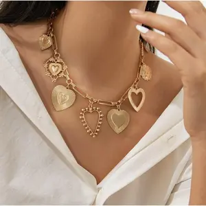 Gold Heart Pendant Necklace for Women, Puffy Heart Necklace, Beads Chain Necklace, Trendy Jewelry, Necklace for Gifts on Birthday Holidays, Jewelry for Women