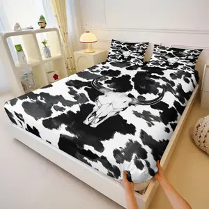 3PcsWhite Bull Skull Black Horns Printed Fitted Sheet Set, Cowhide Pattern Bedding Set, Detailed Bone Structure Printed Bedspreads, Durable Microfiber Bed Sheets for Bedroom Decor, Includes 2 Pillowcases, No Pillow Core