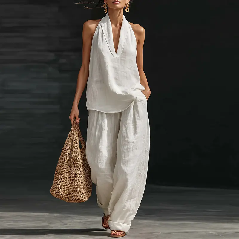 Summer Women Sleeveless Shirt Halter Vest High Waist Pocket Loose Pants Suit Women Casual Two Piece Female Loungewear Ses