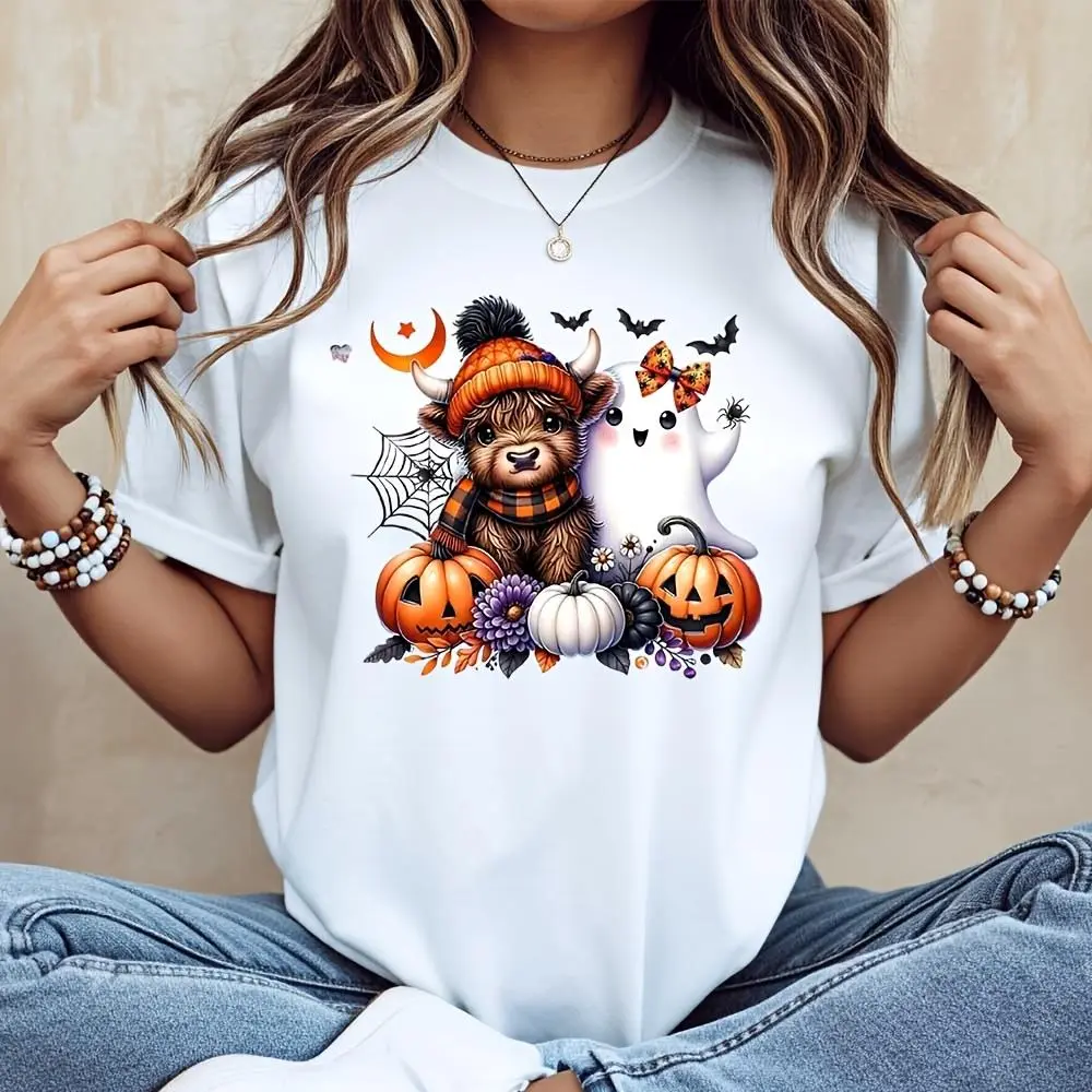 Cute Highland Cow And Ghost Pumpkin Print, T-Shirt, Halloween Holiday Theme, Casual Daily Wear