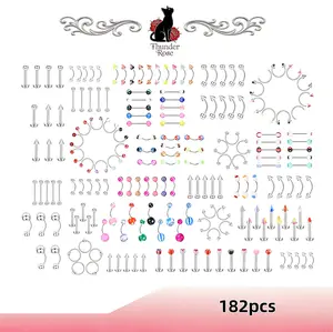 182Pcs Stainless Steel Piercing Jewelry Set, Hypoallergenic Colorful Nose Rings, Lip Studs and Eyebrow Studs, Featuring Colorful Acrylic Ball and Bar Shaped Designs, Casual Daily Body Piercing Accessories