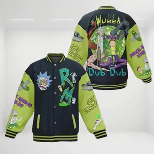 Rickk and Mortyy Varsity Baseball Jacket, Cartoon Streetwear Bomber, Oversized Vintage College Style Outerwear for Men_TVHN  |