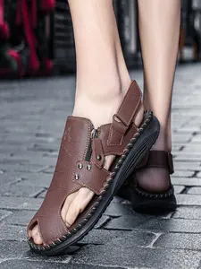 Men's High-Quality Hand-Stitched Closed-Toe Leather Sandals, 2-Way Wear Adjustable Strap Breathable Non-Slip Casual Shoes Walking Shoes