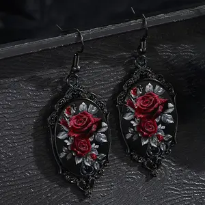 Dark Red Rose Pendant Earrings Delicate Fringe Dangle Jewelry