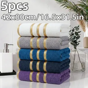 5-PCS Face Towels, 42cmx80cm Striped, 300gsm Coral Fleece Blend, Quick-Dry, Soft, Reusable, Bathroom Essentials