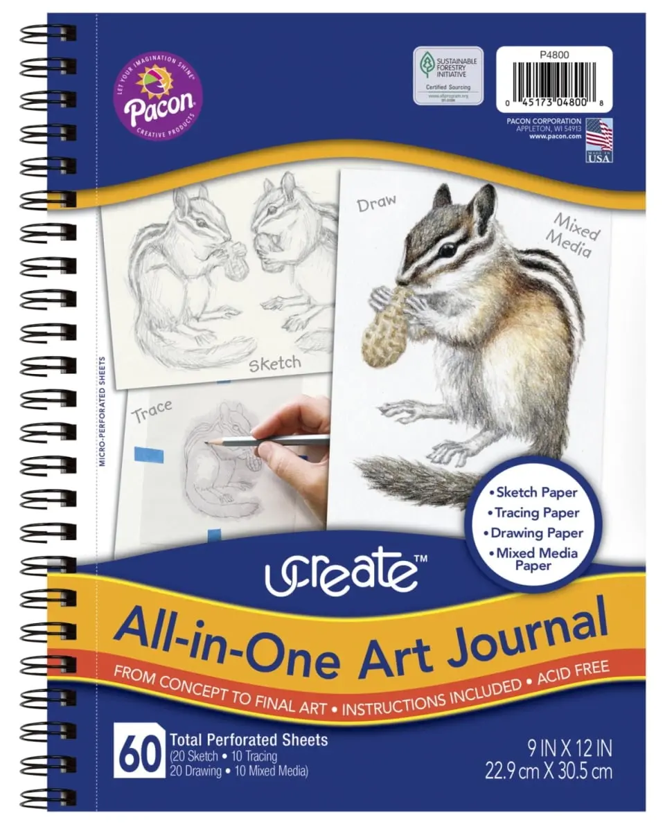 Ucreate 2004593 All-In-1 Art Journal for Art Enthusiasts - 9"x12" White Paper, 60 Sheets, Sustainable Forestry, Mixed Media, Trace, Drawing, Instructions Included (Office Stationery Notebook)