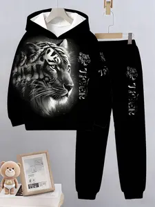 Tiger Design Kids Hoodie Set, Casual Fitted Sweatshirt for Daily Wear, Geometric Pattern, All Seasons, Perfect for Leisure
