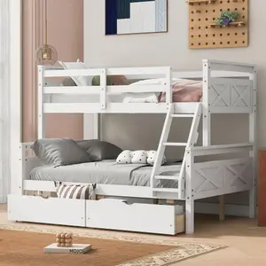 Twin over Full Bunk Bed with Storage Drawers, Ladder, Safety Guardrail, Solid Wood Bunk Bed Frame, for Teens Adults
