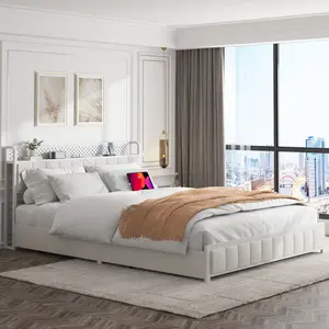 Queen Size Bed Frame with Upholstered Headboard, LED Headboard with USB Port & Shelves & 4 Storage Drawers, White
