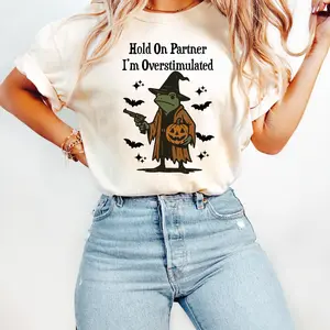 Hold On Partner I'm Overstimulated Frog Halloween Shirt, Retro Spooky Season Funny Tee Apparel LRP
