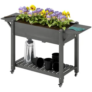 57"W x 20.5"D x 34"H Wood Raised Planter Box, Elevated Garden Bed with Lockable Wheels, Foldable Side Tables, Bottom Shelf & Drain Holes for Backyard Patio Outdoor Vegetable Flower Gardening