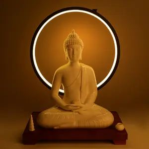 CNCEST Ceramic Buddha Statue Illuminated with LED Halo Light 6 Brightness Levels 11.8 Inch Wood Base Tabletop for Spiritual Meditation Gift Home Decor Statues For Home Bedroom
