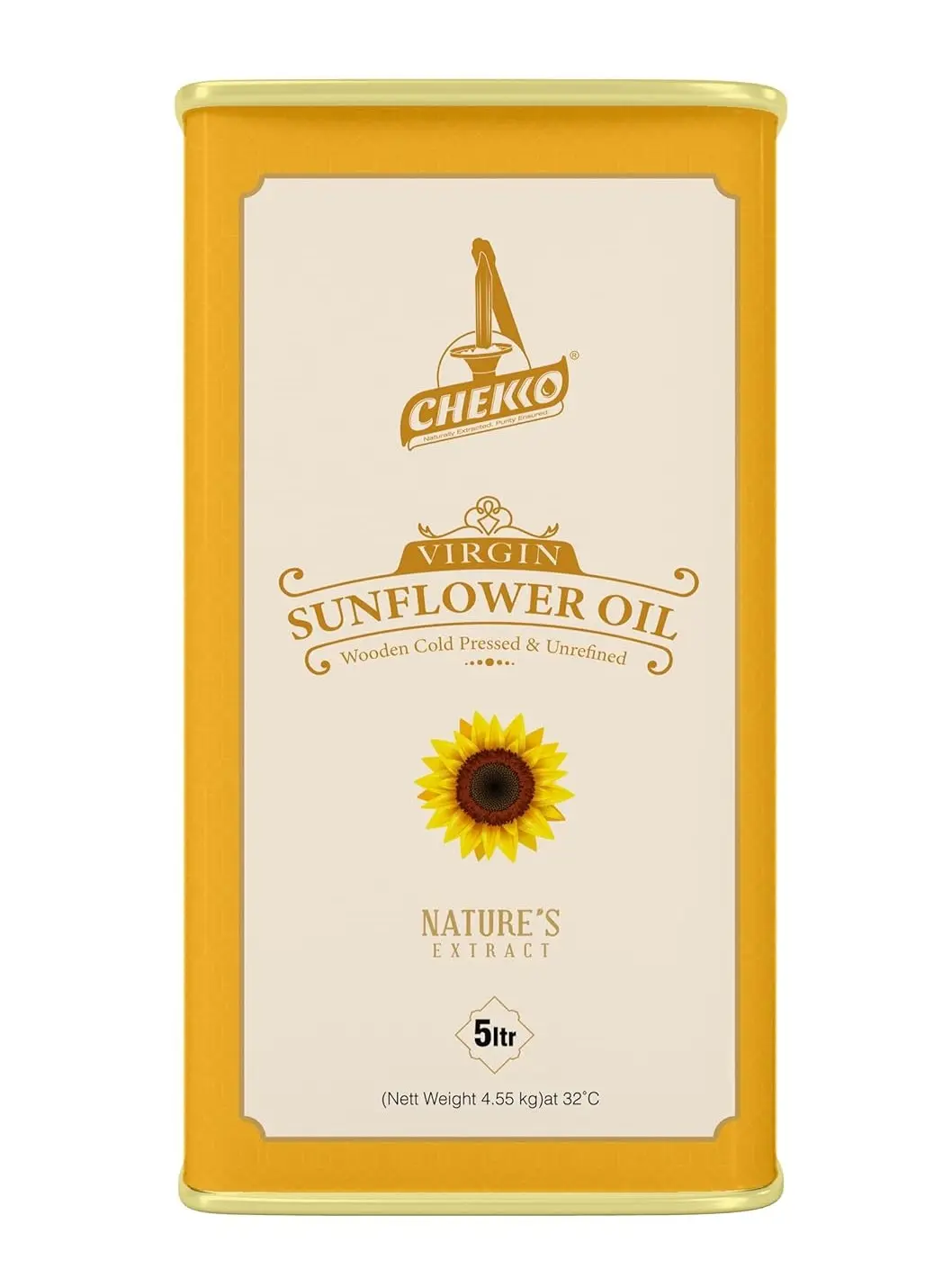 CHEKKO Cold-Pressed Unrefined Sunflower Oil 5 L Premium High-Bulk Cooking Oil for Healthy Kitchen Use Natural & Unrefined Flavor Taffy
