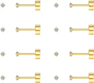 8 Pairs Tiny Flat Back Earrings for Women Men 14K Gold Plated Surgical Stainless Steel Stud Earrings Hypoallergenic Cubic Zirconia Studs Cartilage Earrings 2mm 3mm 4mm