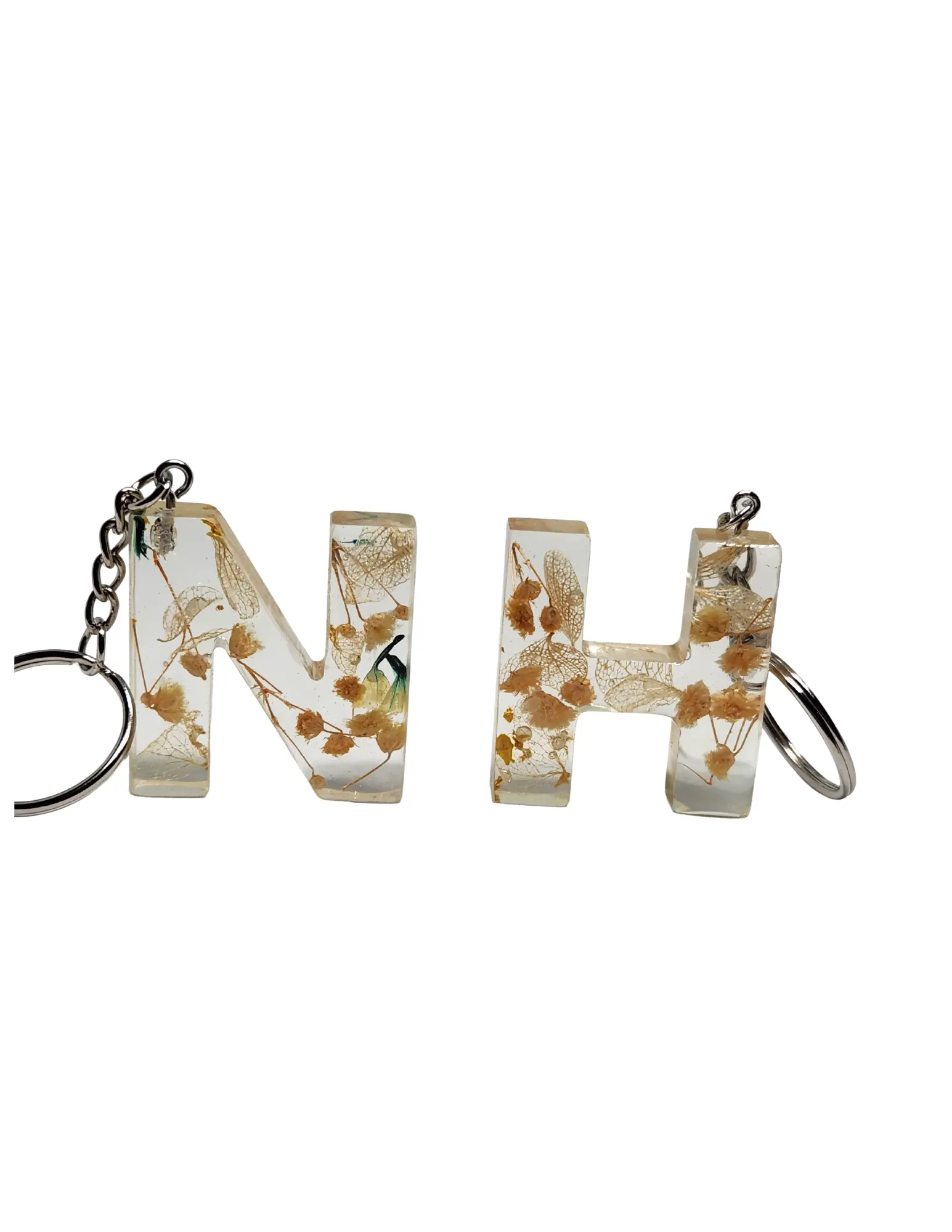 2-Piece Floral Letter Keychain Set – “N” & “H” with Pressed Flowers