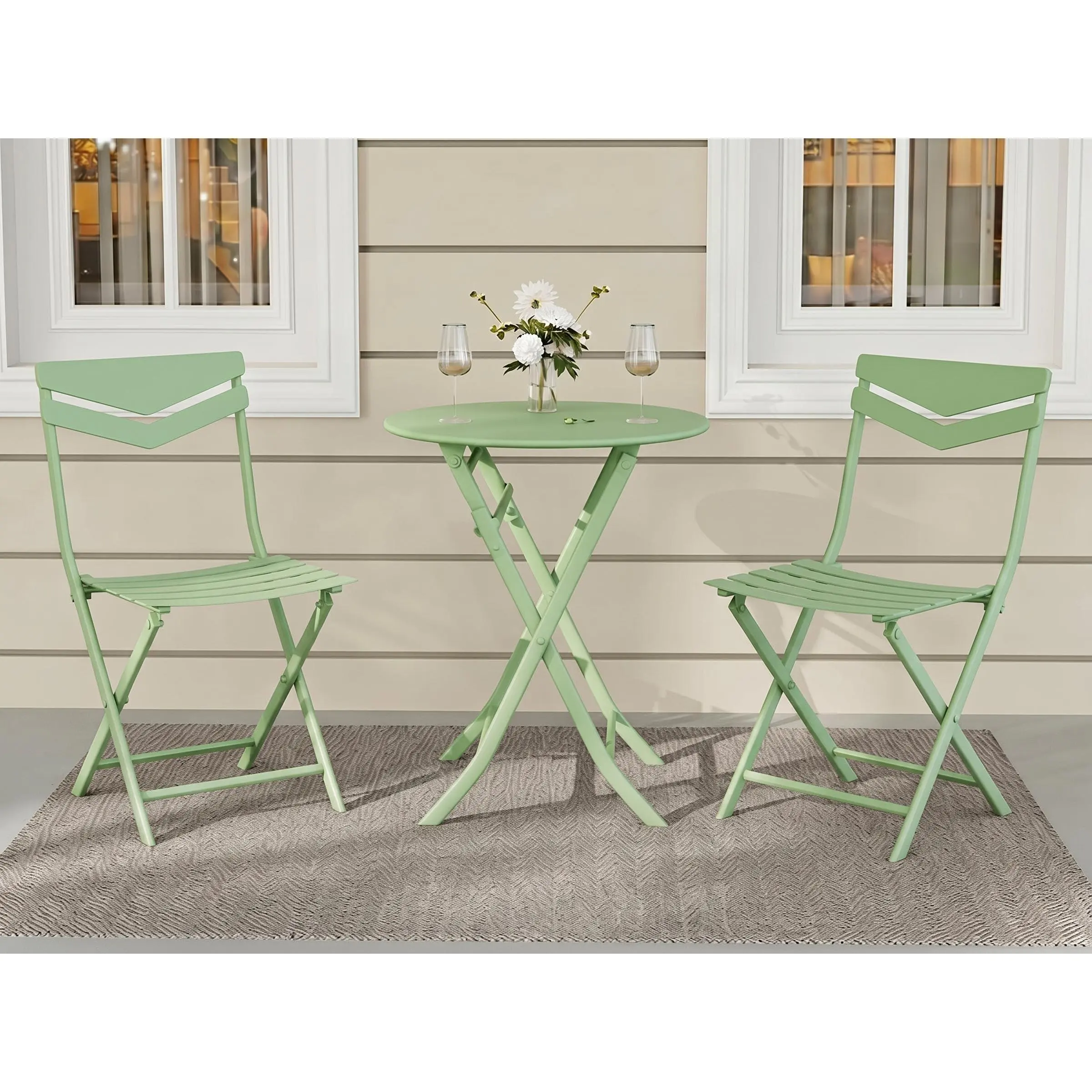 3-Piece Foldable Patio Bistro Set, Round Table Paired with 2 Chairs, Space-Conscious Metal Indoor & Outdoor Furniture for Balcony, Porch, Garden & Apartment