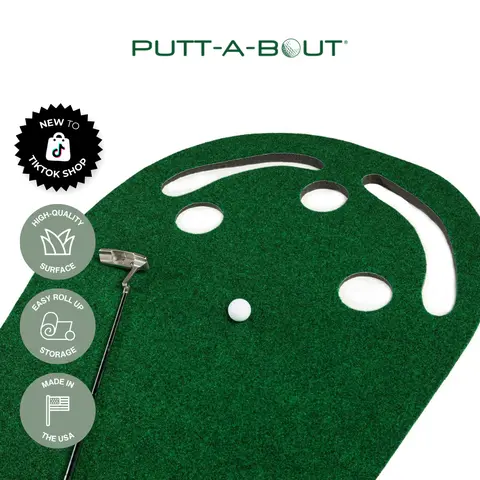 PUTT-A-BOUT Par 3 Plus Kidney Shape Roll-Up 3'x9' Fixed Size 3'x9' Floor Green Golf Putting Mat - US-Made Unisex Golf Gear, High-Quality Surface, Non-Skid Backing, 3 Putting Cups, Built-In Sand Trap Cutouts, Easy Storage for Home Office Use