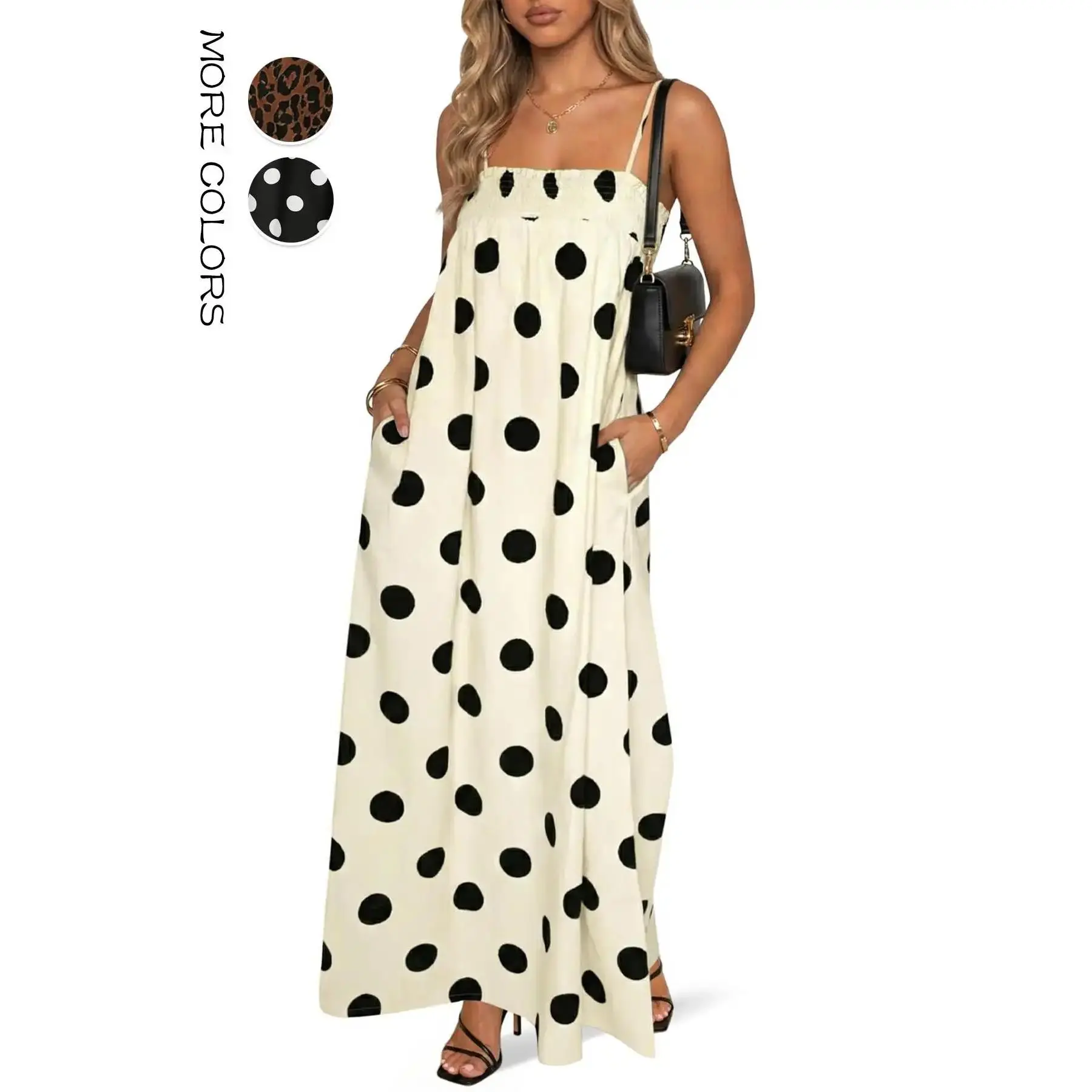 Renaishow Women's Lightweight Polka Dot Sleeveless Spaghetti Strap Smocked Loose-Fit Maxi Dress - Casual Comfortable Style with Pockets for Vacation, Beach Use, Casual Wear, Polka Dot Style