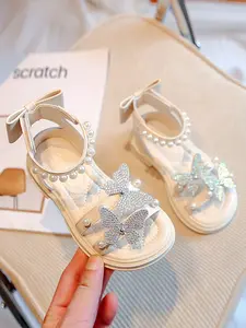 Elegant Pearl Rhinestone Sparkly Sandals, Full Diamond Bow Decor, Fairy Tale Princess Style Girls' Shoes