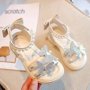 Elegant Pearl Rhinestone Sparkly Sandals, Full Diamond Bow Decor, Fairy Tale Princess Style Girls' Shoes