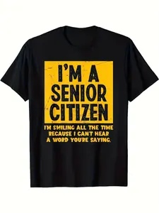 Men's Black T-Shirt, Casual and Stylish, Features a Unique Yellow Square Graphic with Bold Text 'I'M A SENIOR CITIZEN'.This Trendy Loose Fit Tee Boasts a Vintage Look, Perfect for Relaxed Outings.Round Neck Design, Versatile for Various Occasions